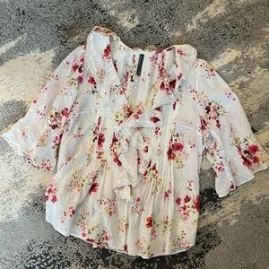 Anthropologie Floral Ruffle Blouse - White and Pink